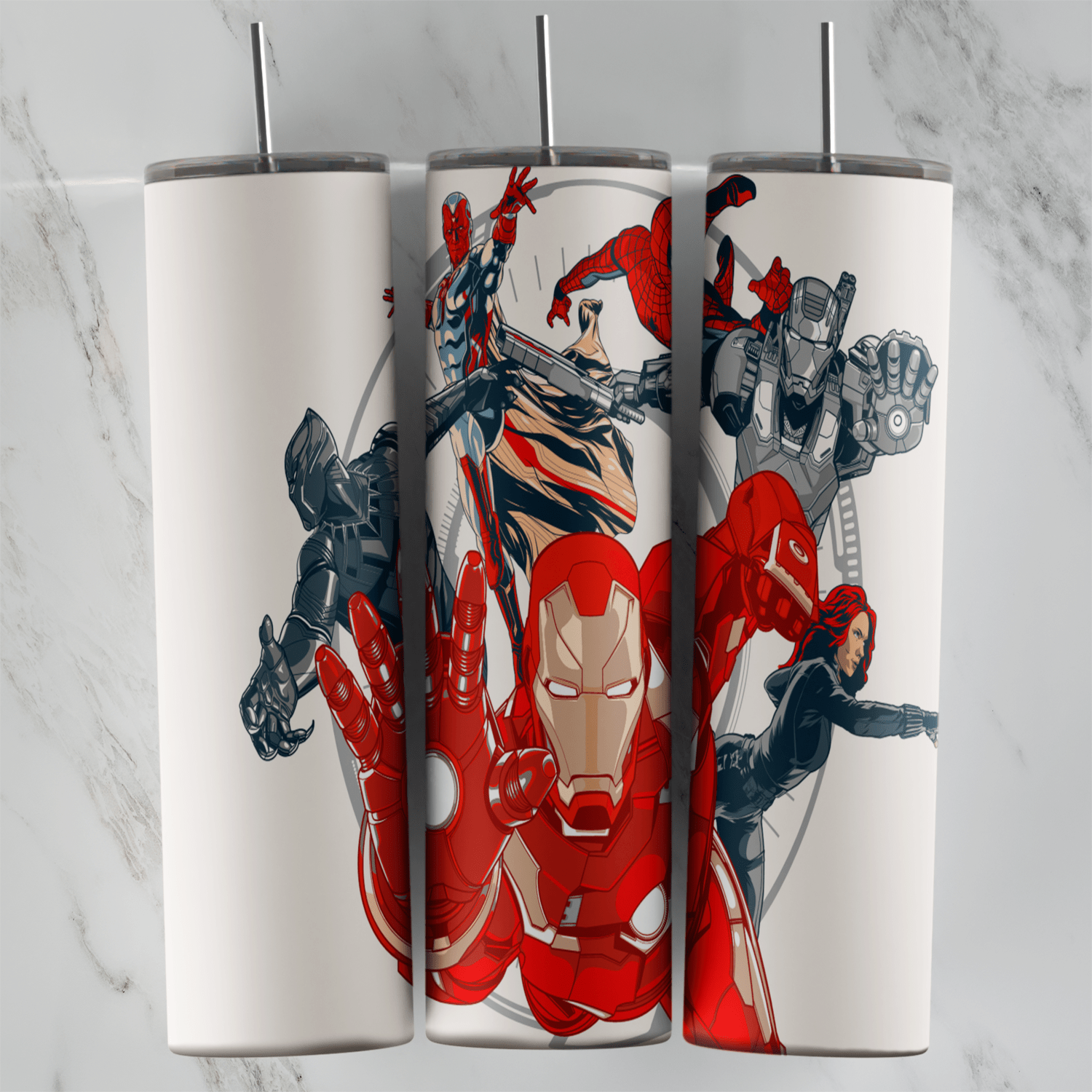 A 20 oz skinny tumbler wrap with Iron Man, Black Widow, Black Panther and War Machine in a red and black sketch style on a white. Sublimation design