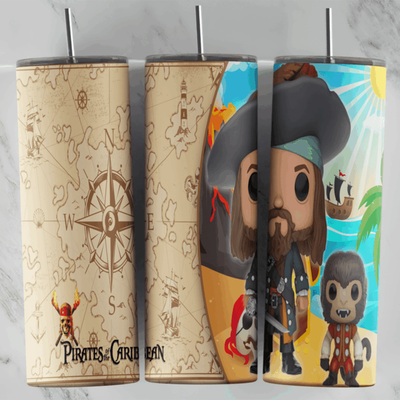 A Pirates of the Caribbean tumbler wrap: an old treasure map background with a compass rose and the Pirates of the Caribbean. Sublimation design