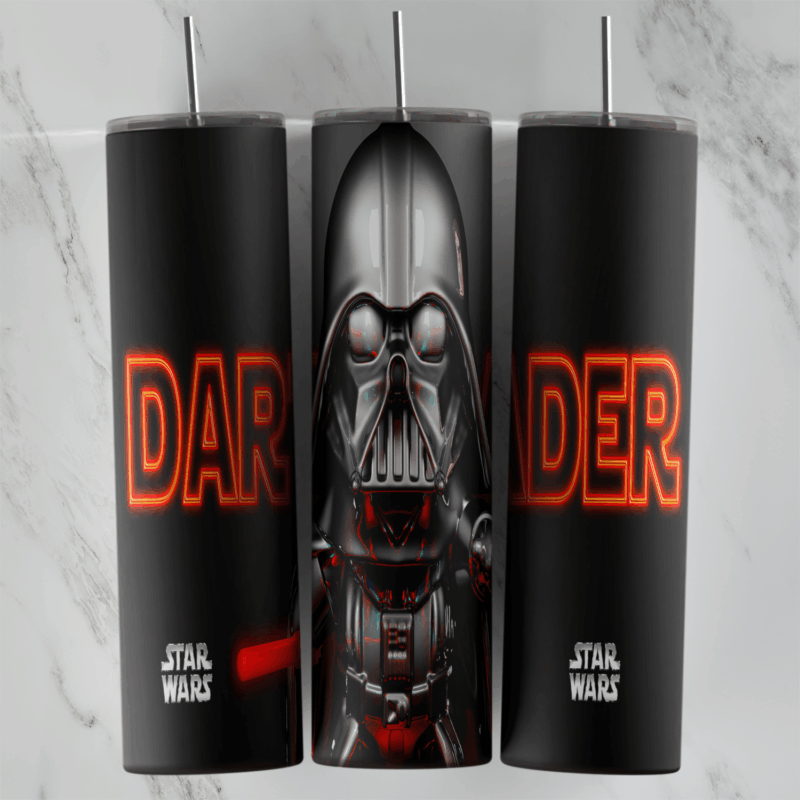 A 20 oz skinny tumbler wrap with a chibi Darth Vader holding a red lightsaber, glowing red neon Darth Vader lettering and Star. Sublimation design