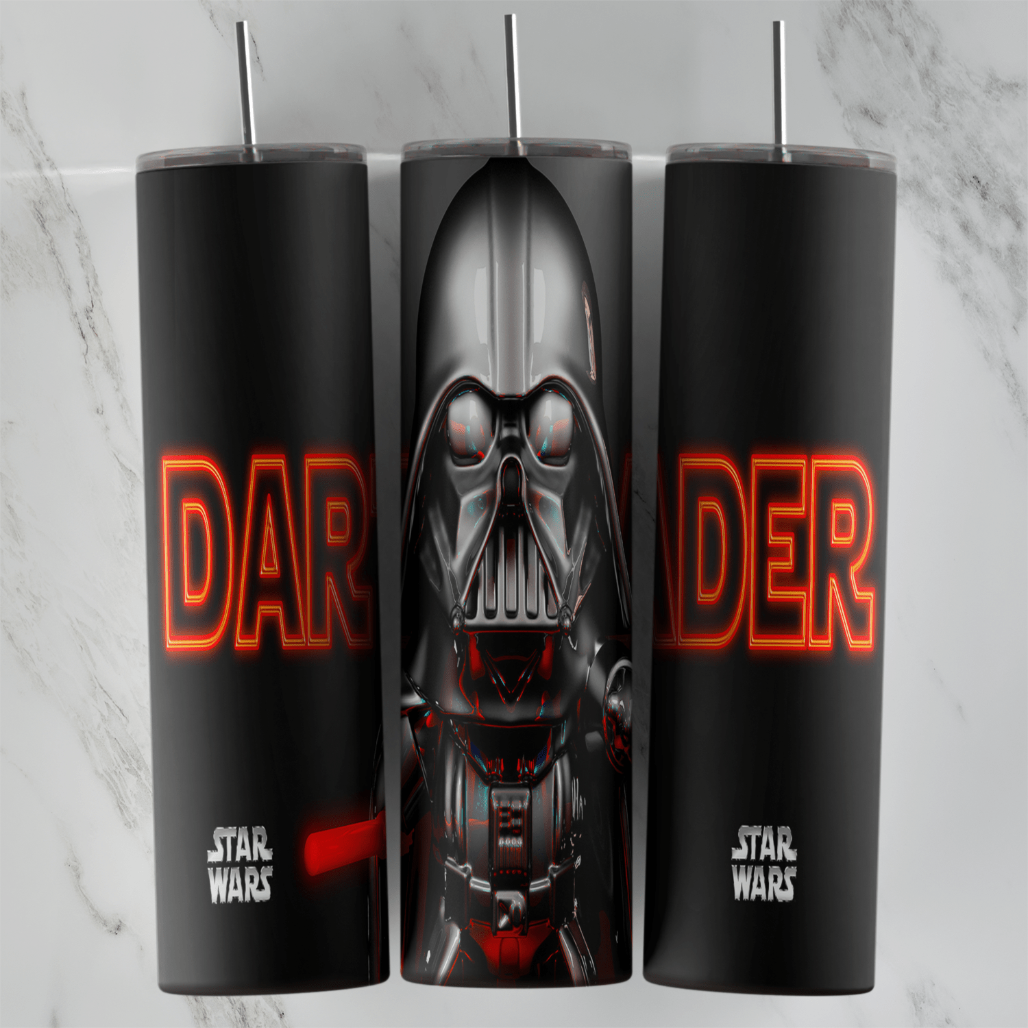 A 20 oz skinny tumbler wrap with a chibi Darth Vader holding a red lightsaber, glowing red neon Darth Vader lettering and Star. Sublimation design