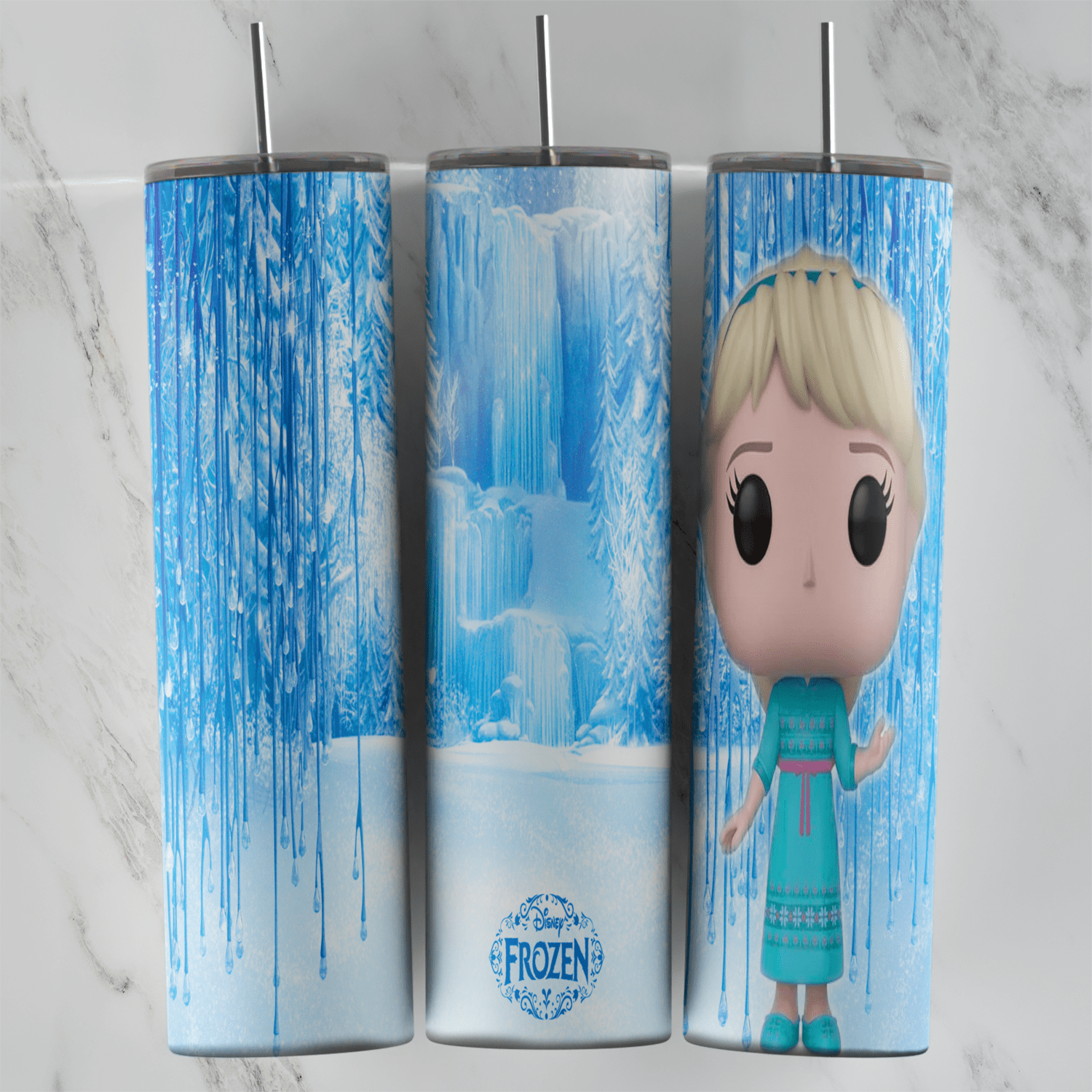 A 20 oz skinny tumbler wrap with icicles and an ice castle background, a small round Frozen badge and a big headed vinyl figure. Sublimation design