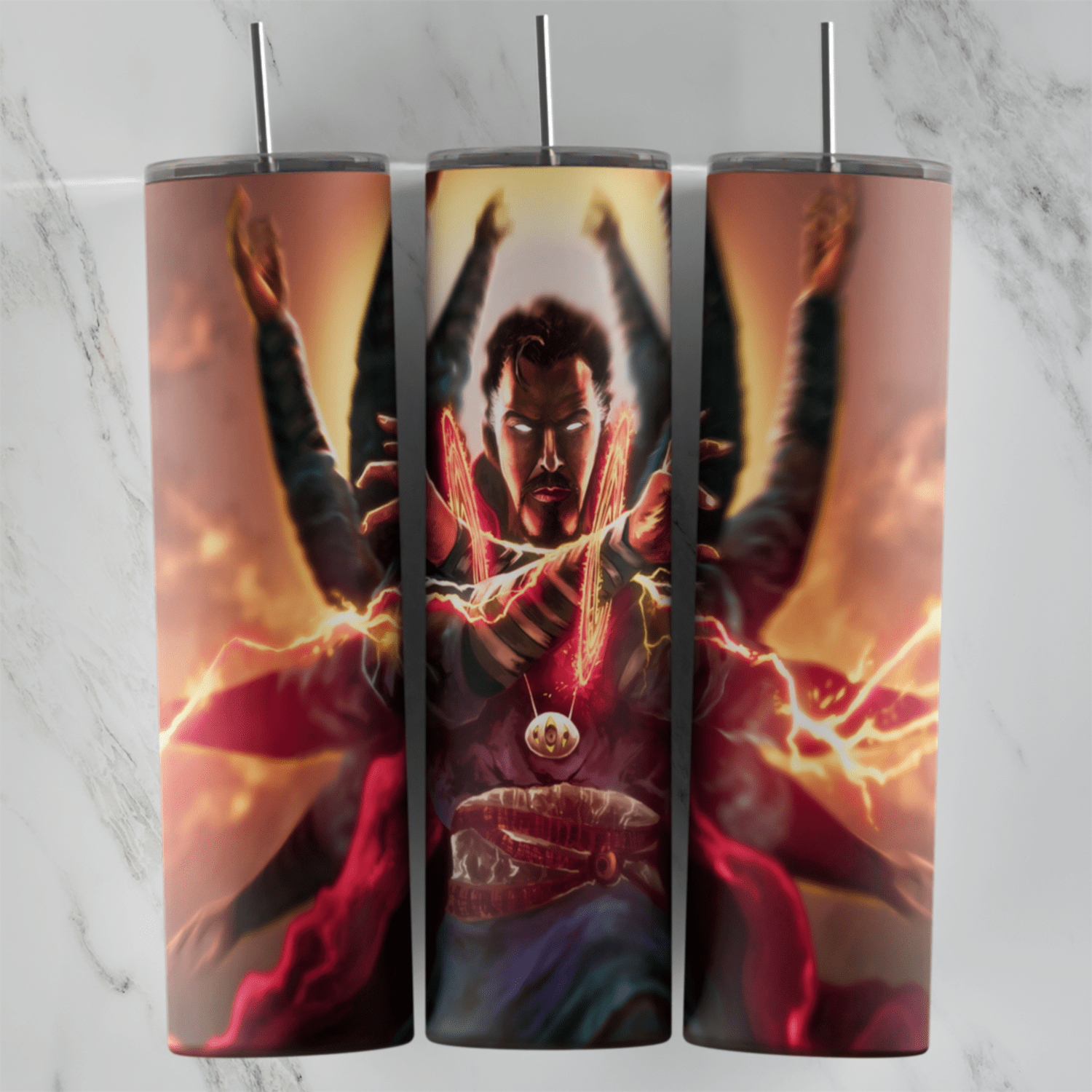 A Doctor Strange tumbler wrap: the sorcerer with raised arms behind him, glowing magic lines between his hands, the red cloak. Sublimation design