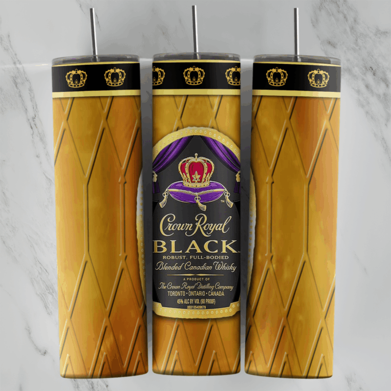 A 20 oz skinny tumbler wrap with a golden diamond pattern, a black band of gold crowns and a Crown Royal Black whisky label. Sublimation design