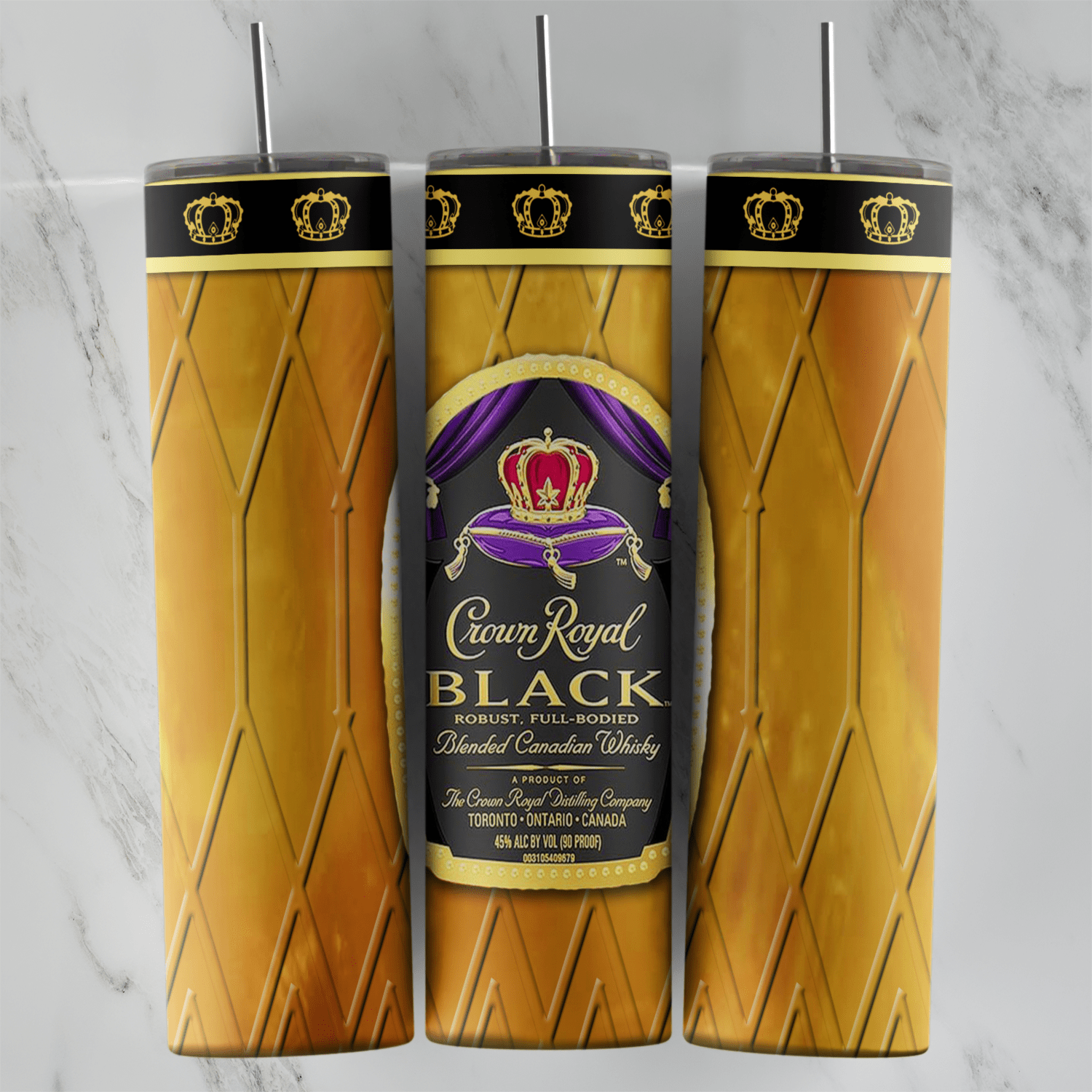 A 20 oz skinny tumbler wrap with a golden diamond pattern, a black band of gold crowns and a Crown Royal Black whisky label. Sublimation design