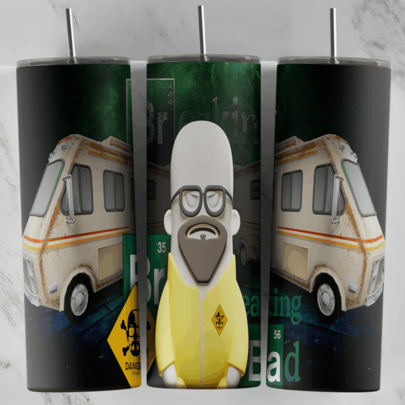 A dark green 20 oz tumbler wrap with a cartoon Heisenberg in a yellow hazmat suit, the old camper RV on both sides, a hazard sign. Sublimation design