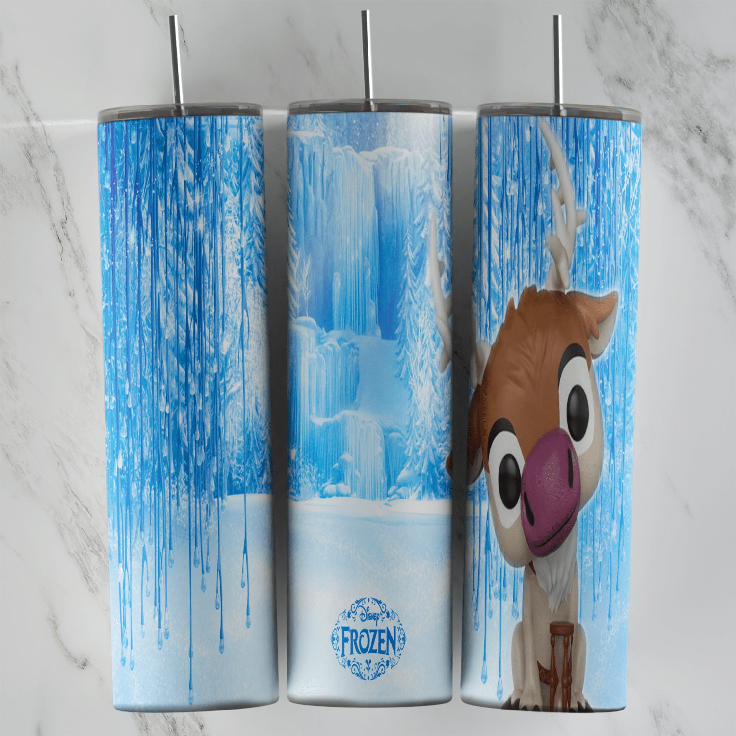 A 20 oz skinny tumbler wrap with icicles and an ice castle background, a small round Frozen badge and a big headed vinyl figure. Sublimation design