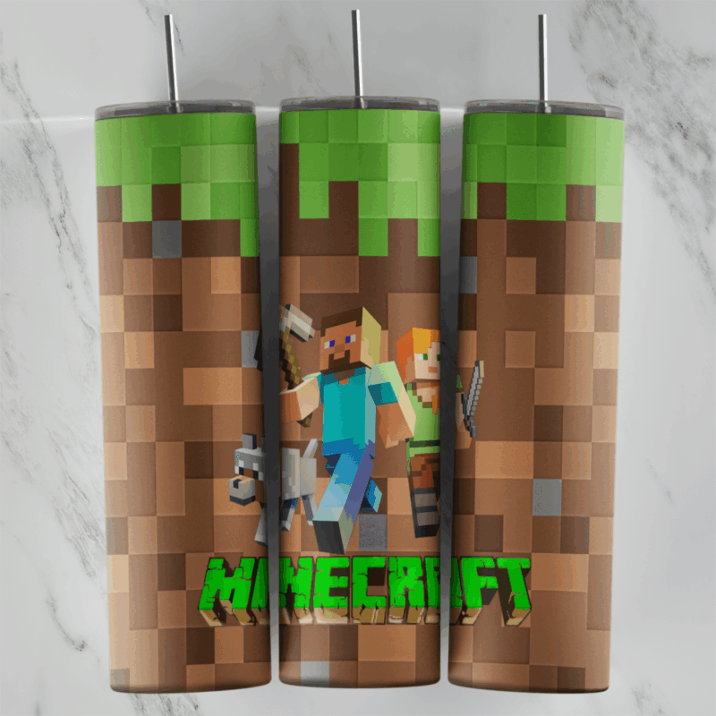 A 20 oz skinny tumbler wrap with Steve, Alex and a wolf on a pixel grass and dirt block background above a green Minecraft logo. Sublimation design