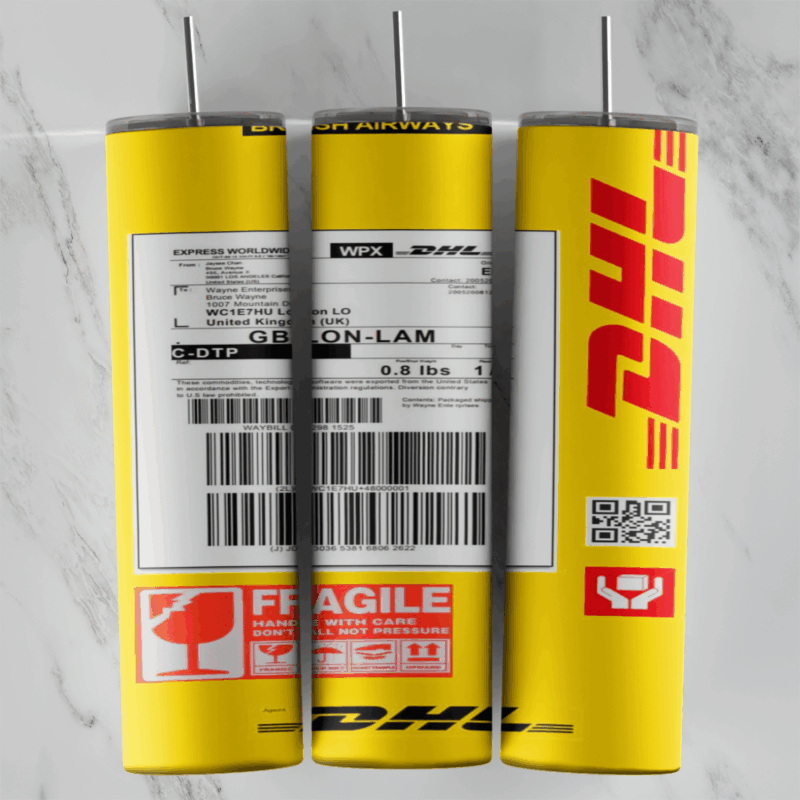 A full 20 oz skinny tumbler wrap styled as a yellow DHL package with a shipping label, barcode, QR code, a red Fragile sticker. Sublimation design