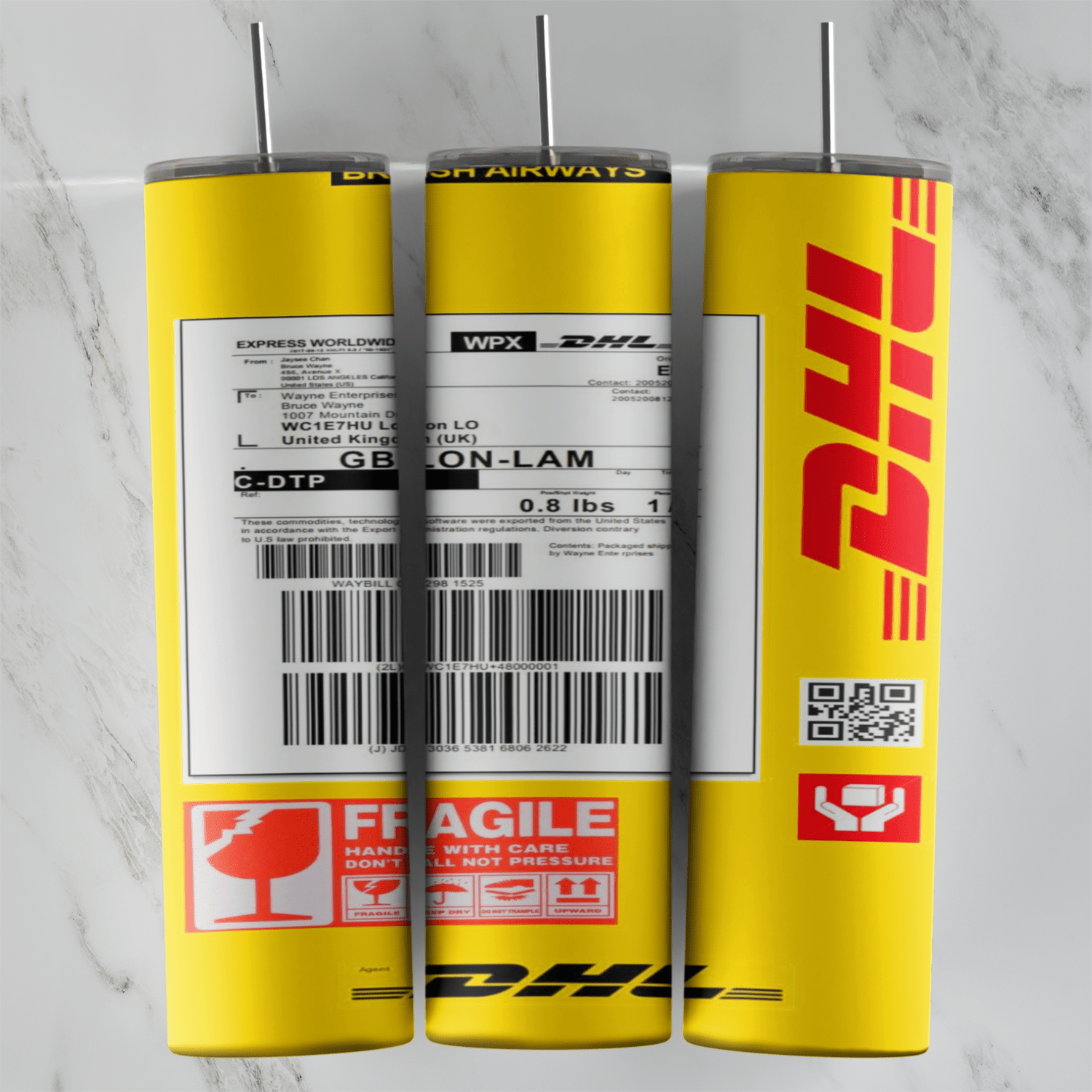 A full 20 oz skinny tumbler wrap styled as a yellow DHL package with a shipping label, barcode, QR code, a red Fragile sticker. Sublimation design