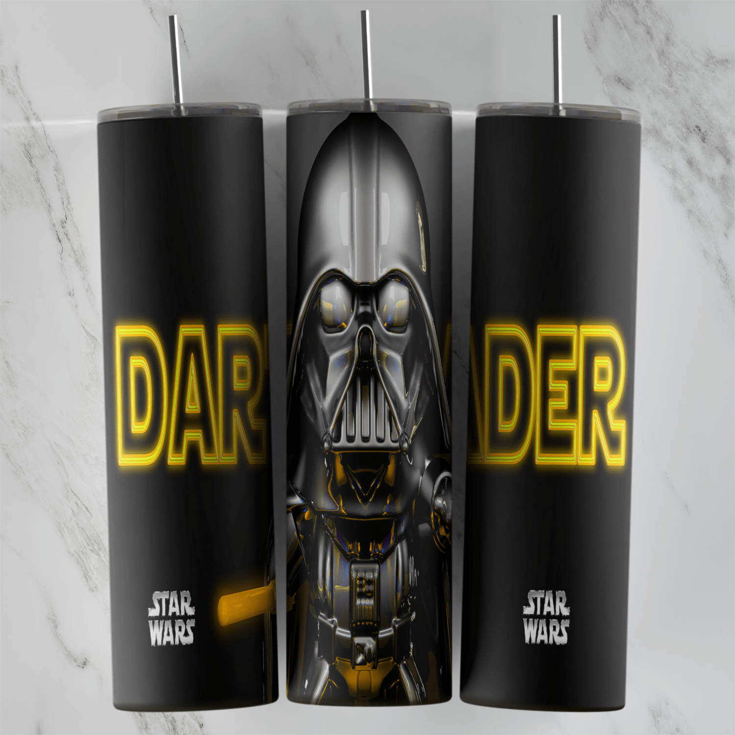 A 20 oz skinny tumbler wrap with a chibi Darth Vader holding a yellow lightsaber, glowing yellow Darth Vader lettering and Star. Sublimation design