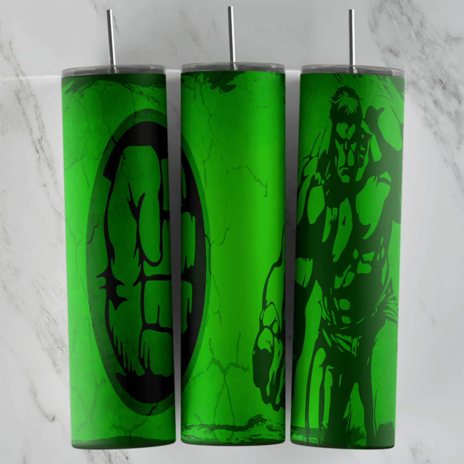 A 20 oz skinny tumbler wrap in cracked green with a dark green Hulk fist logo in a circle and a dark green Hulk figure on the side. Sublimation design