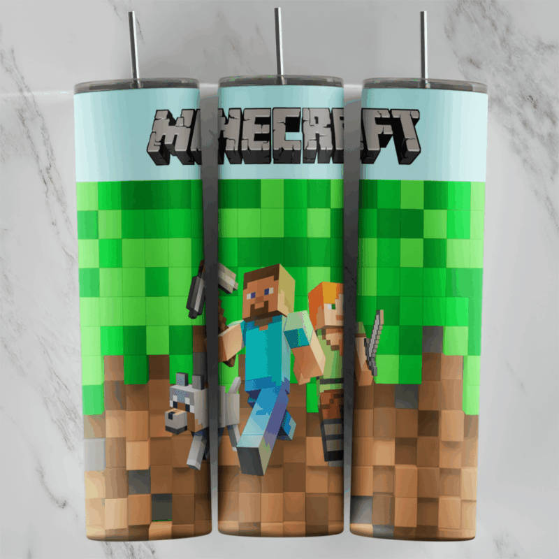 A 20 oz skinny tumbler wrap with the Minecraft logo over green grass blocks and dirt, with Steve, Alex and a wolf running. Sublimation design