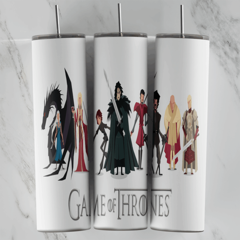A 20 oz skinny tumbler wrap on white with a lineup of cartoon style Game of Thrones characters, a black dragon and the Game. Sublimation design