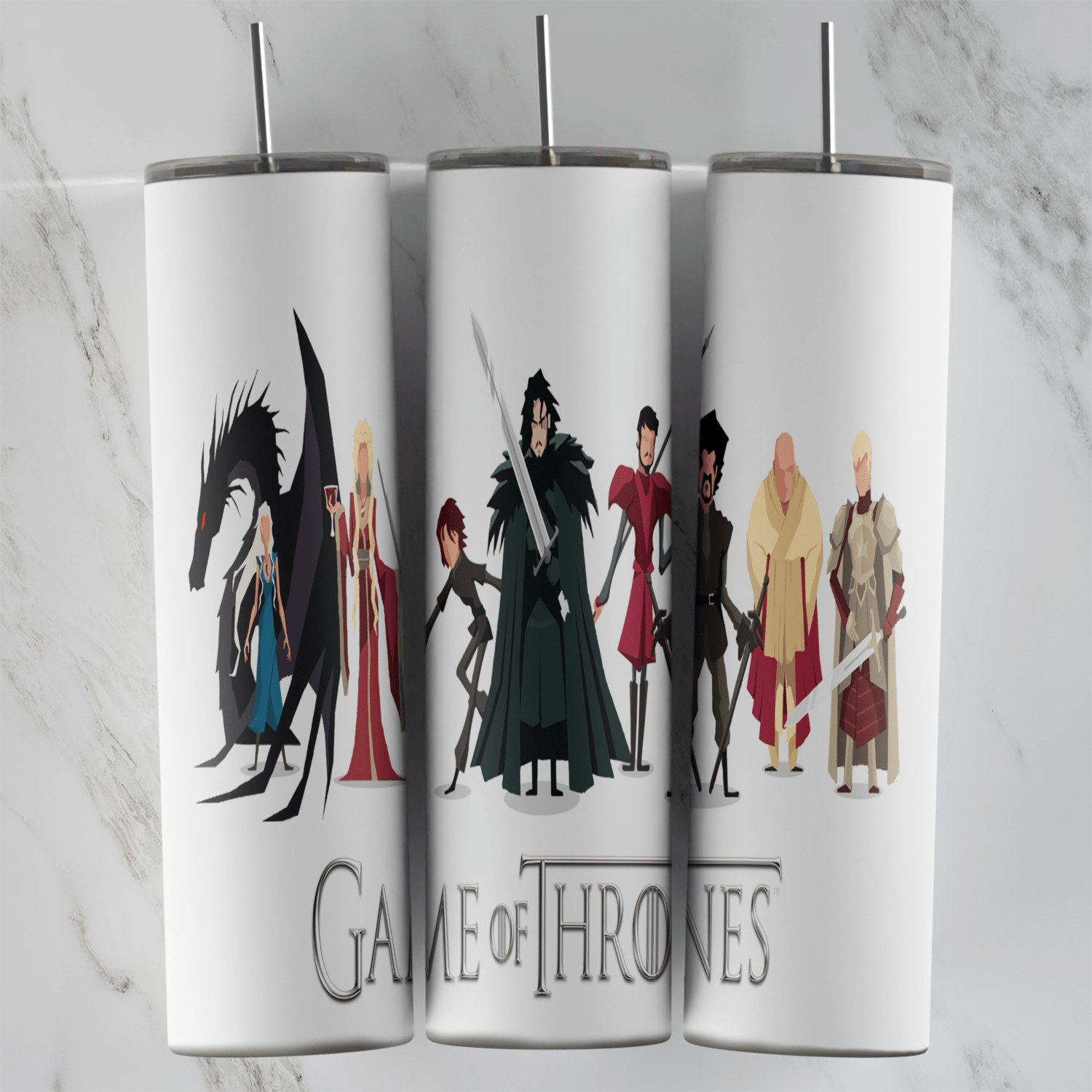 A 20 oz skinny tumbler wrap on white with a lineup of cartoon style Game of Thrones characters, a black dragon and the Game. Sublimation design