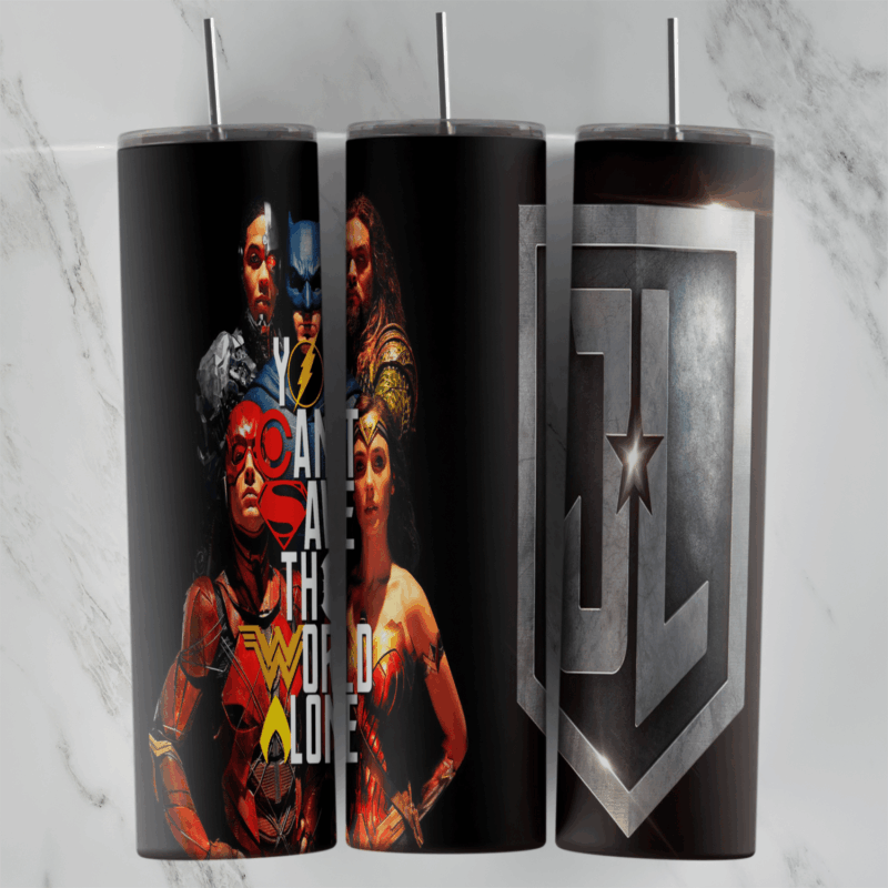 A 20 oz skinny tumbler wrap with a Justice League team poster, You Can’t Save the World Alone lettering and a large silver JL. Sublimation design