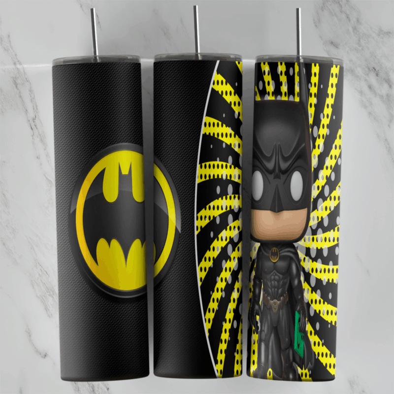 A black 20 oz tumbler wrap with the yellow Batman bat logo and a vinyl toy style Batman figure standing in front of a yellow. Sublimation design