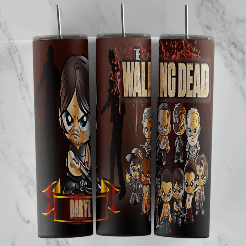 A 20 oz skinny tumbler wrap with a chibi Daryl with a Daryl name banner, The Walking Dead title in blood red and chibi versions. Sublimation design