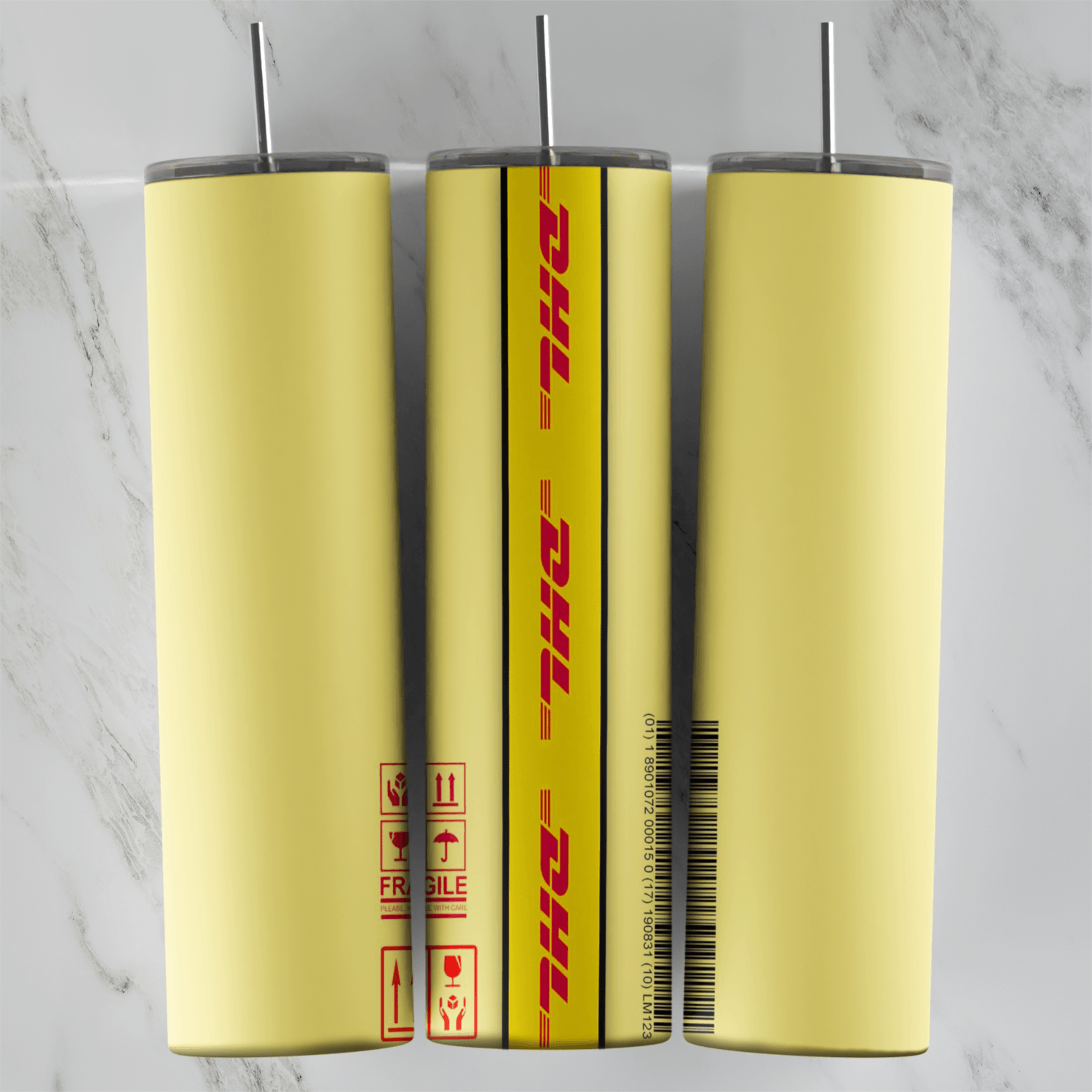 A full 20 oz skinny tumbler wrap in pale yellow with a strip of DHL packing tape in yellow and red, a barcode and small handling. Sublimation design