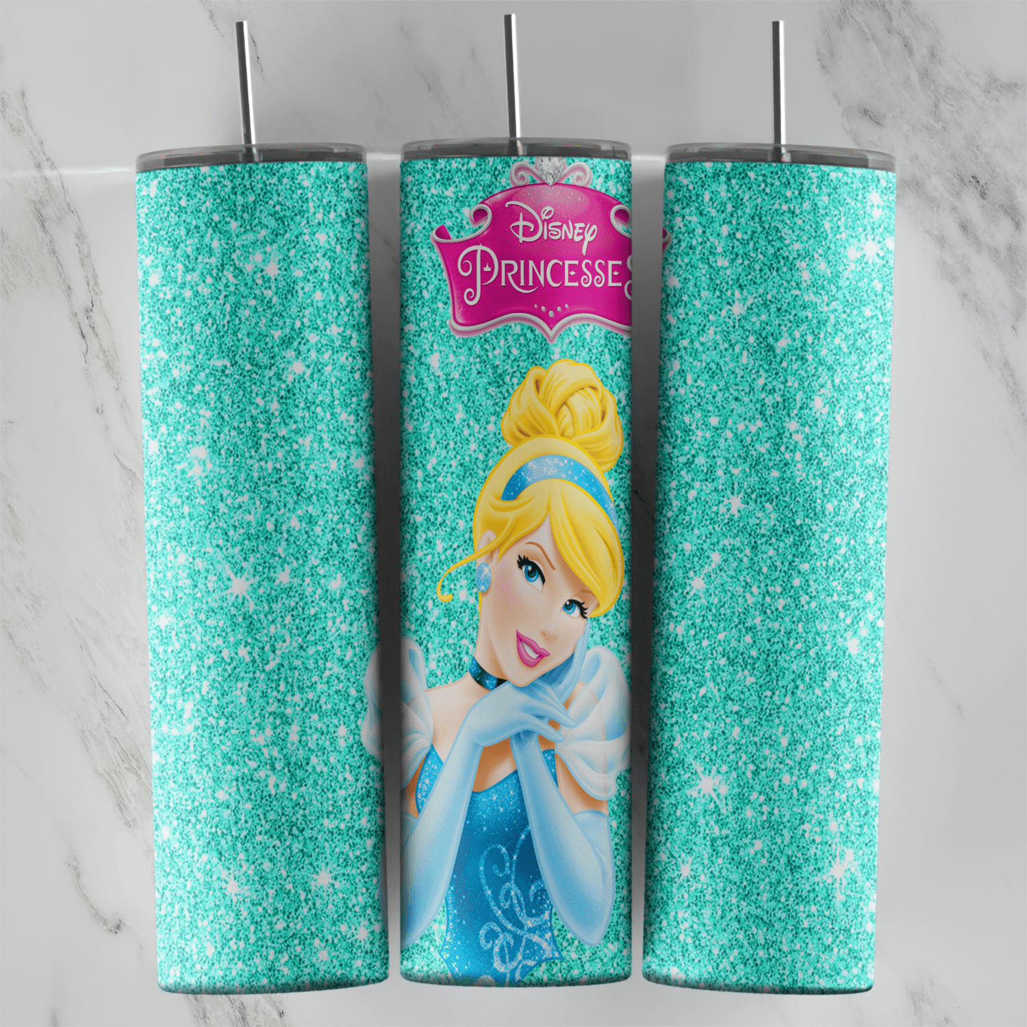 A 20 oz skinny tumbler wrap with Cinderella in her blue gown under the Disney Princesses logo, set on a bright aqua glitter. Sublimation design