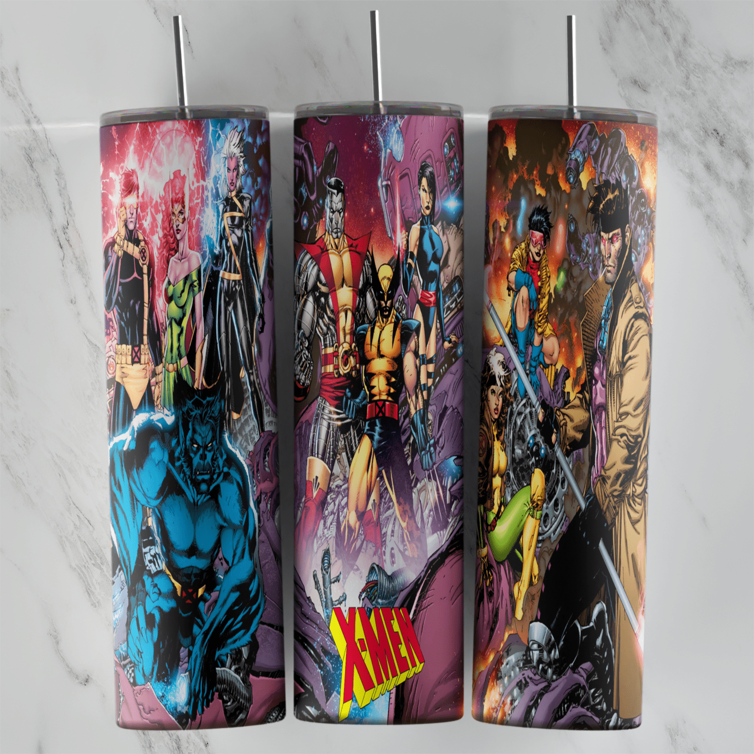 A comic art tumbler wrap with X-Men heroes including Wolverine, Beast and Gambit in dynamic poses and the X-Men logo. Sublimation design