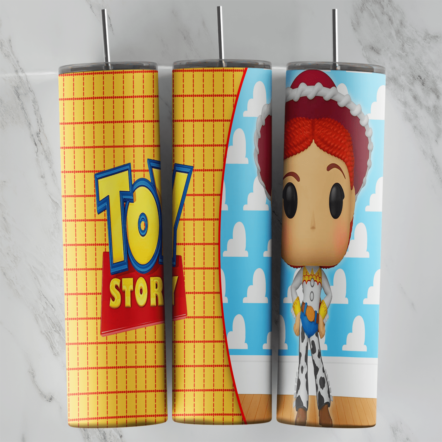 A 20 oz skinny tumbler wrap with the Toy Story logo on yellow plaid and a big-headed Jessie figure standing on blue cloud. Sublimation design