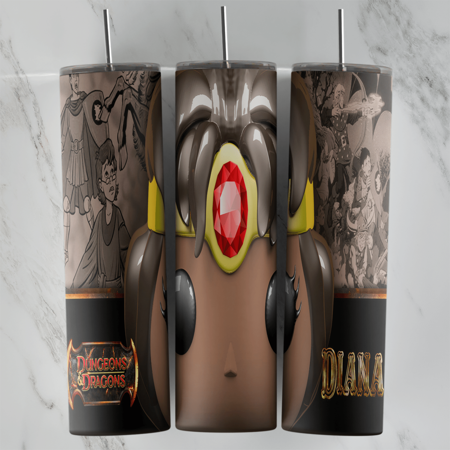 A Wonder Woman tumbler wrap with a close up of her brown armor and red gem, sepia comic style panels on the sides and Diana. Sublimation design