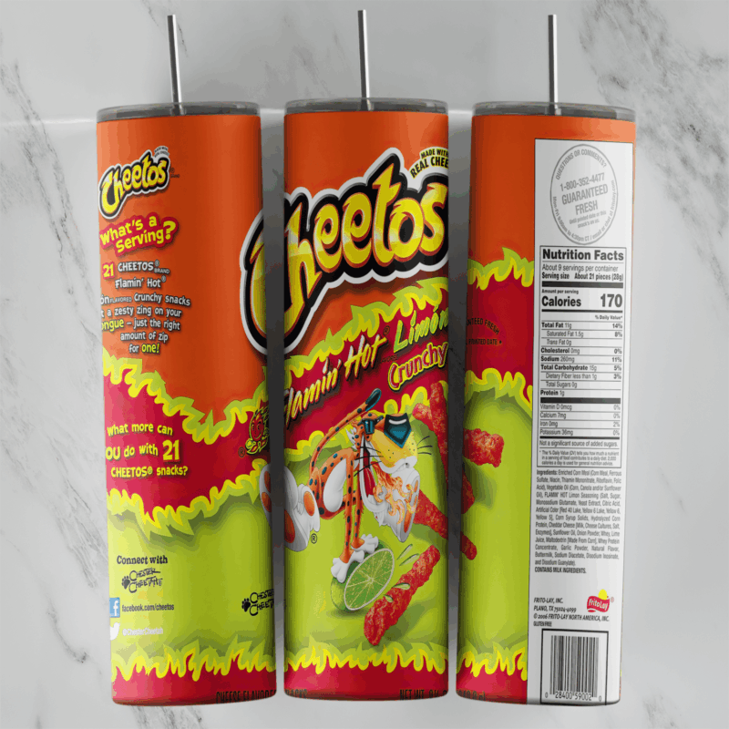 A 20 oz skinny tumbler wrap styled as a bag of Cheetos Flamin’ Hot Limon: lime green and red flames, Chester Cheetah with a lime. Sublimation design