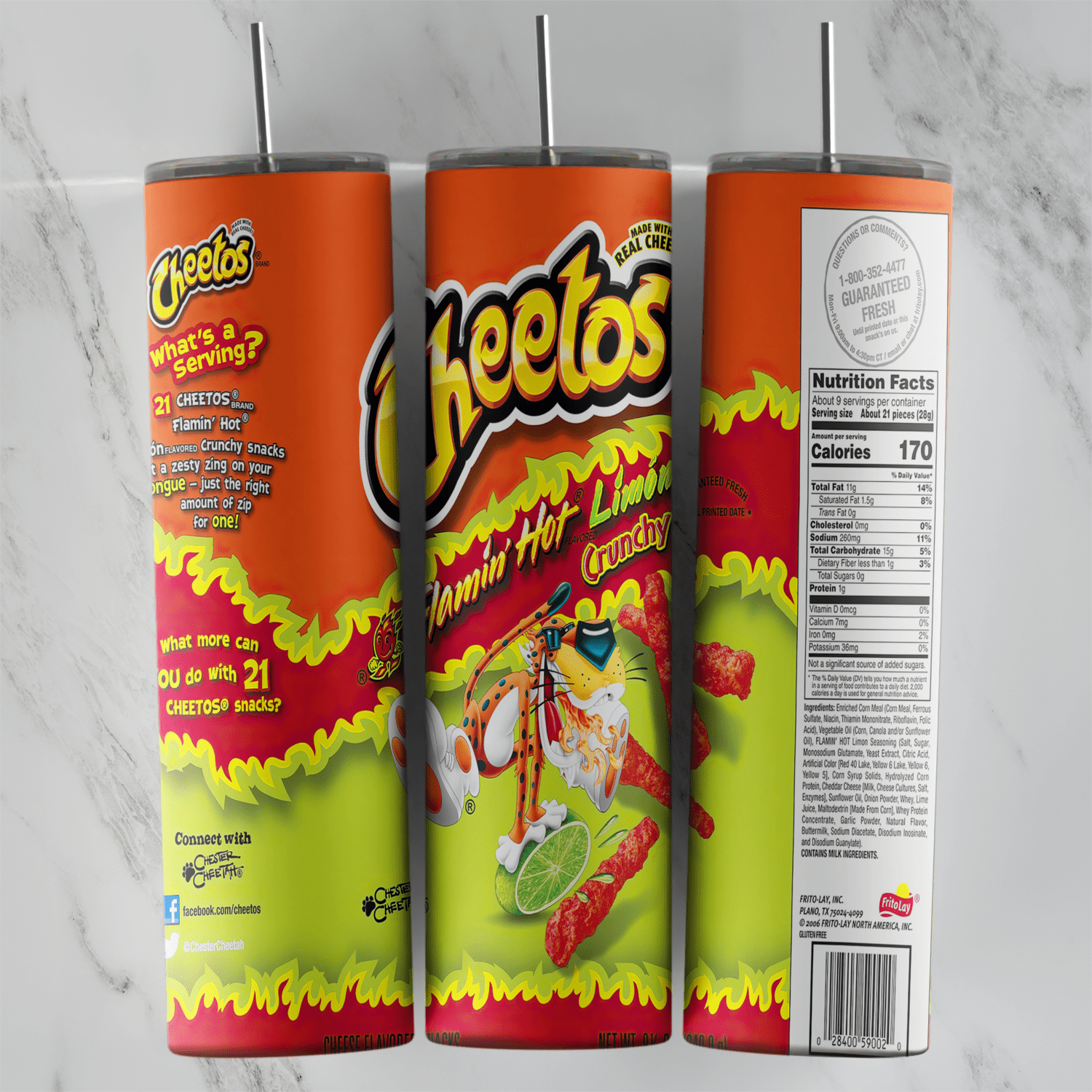 A 20 oz skinny tumbler wrap styled as a bag of Cheetos Flamin’ Hot Limon: lime green and red flames, Chester Cheetah with a lime. Sublimation design