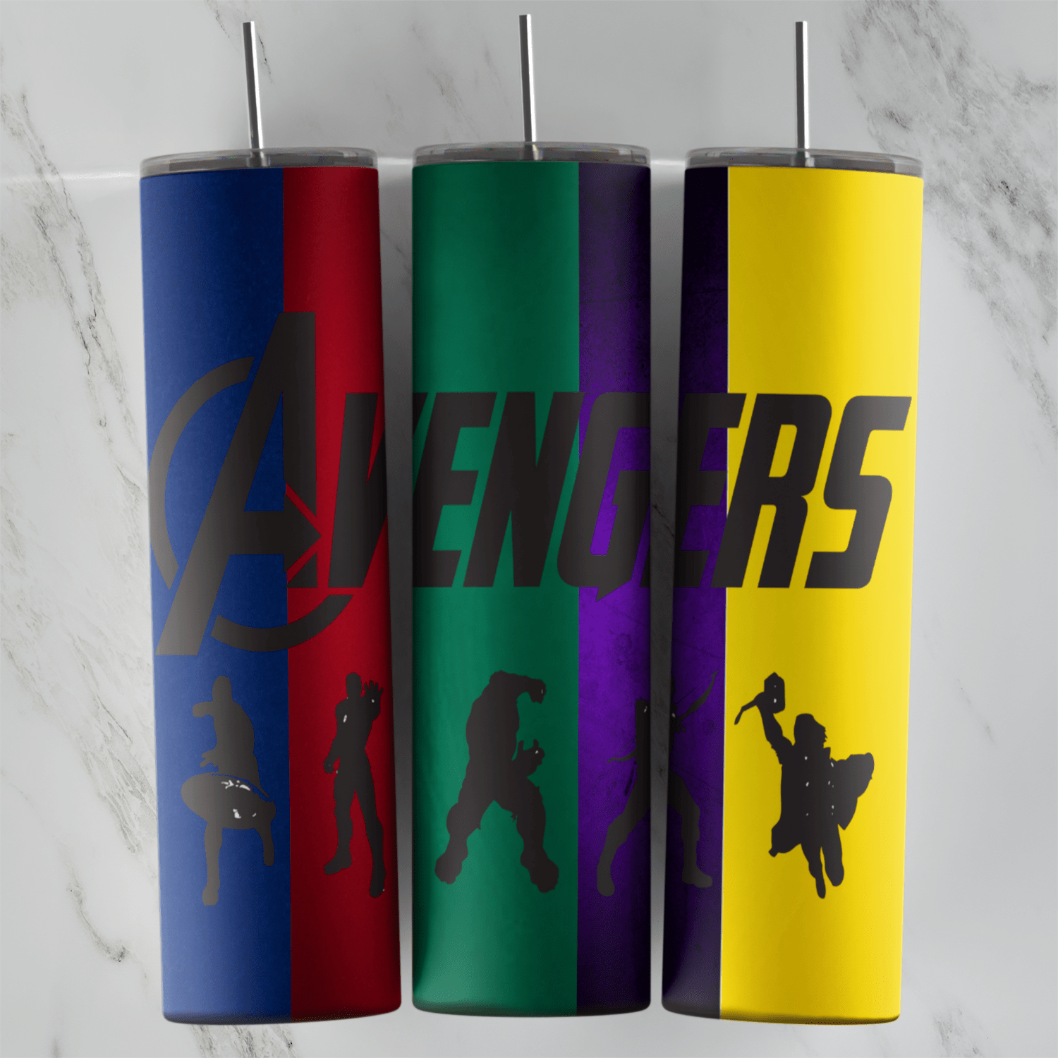 A 20 oz skinny tumbler wrap with the Avengers logo across bold blue, red, green, purple and yellow vertical stripes, with small. Sublimation design