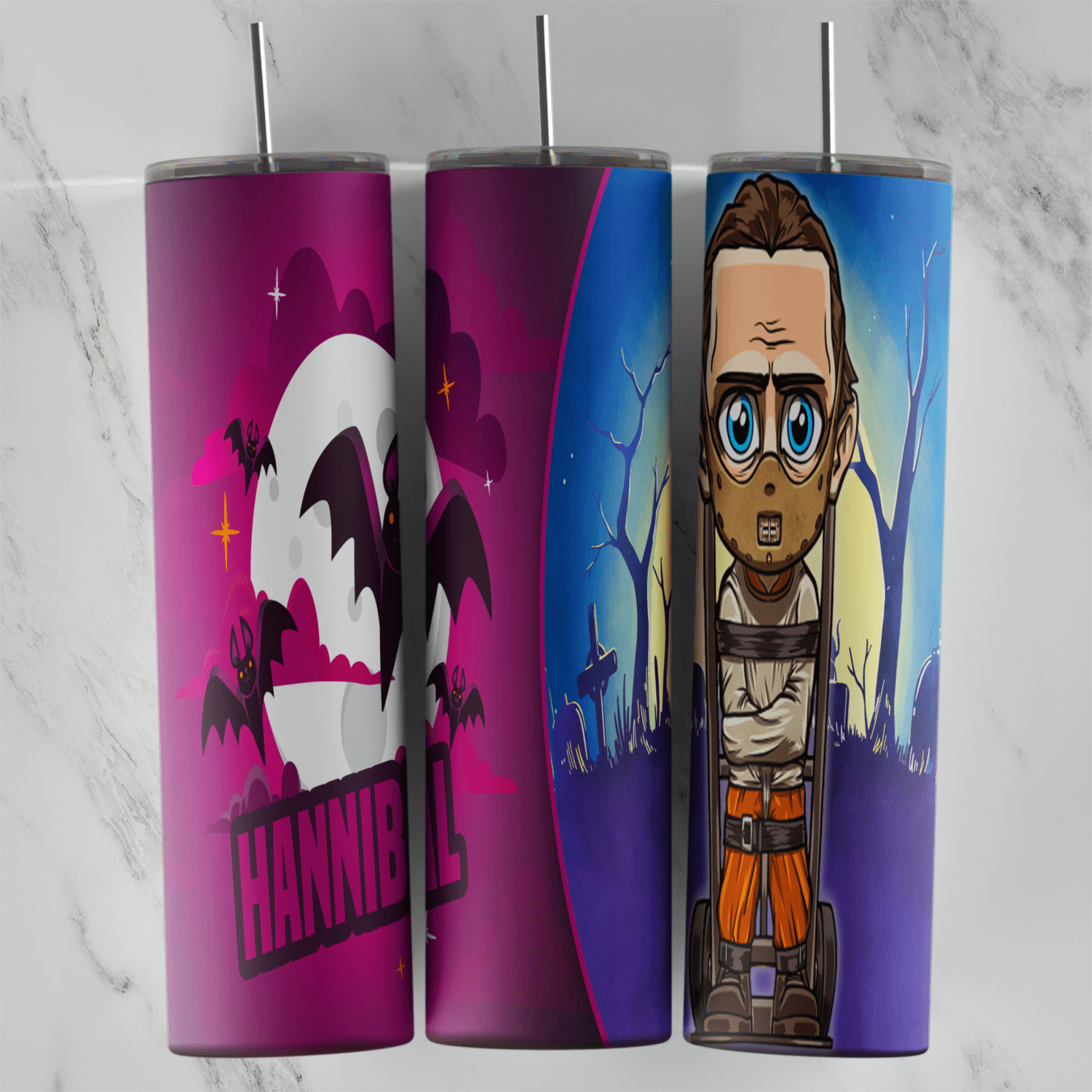 A 20 oz skinny tumbler wrap with a chibi Hannibal Lecter in a straitjacket and mask on blue, with Hannibal lettering, a full moon. Sublimation design