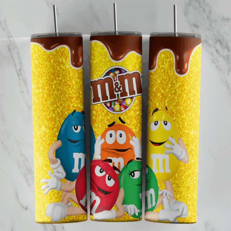 A yellow glitter M and M tumbler wrap with a chocolate drip border, the logo and the blue, orange, red, green and yellow. Sublimation design