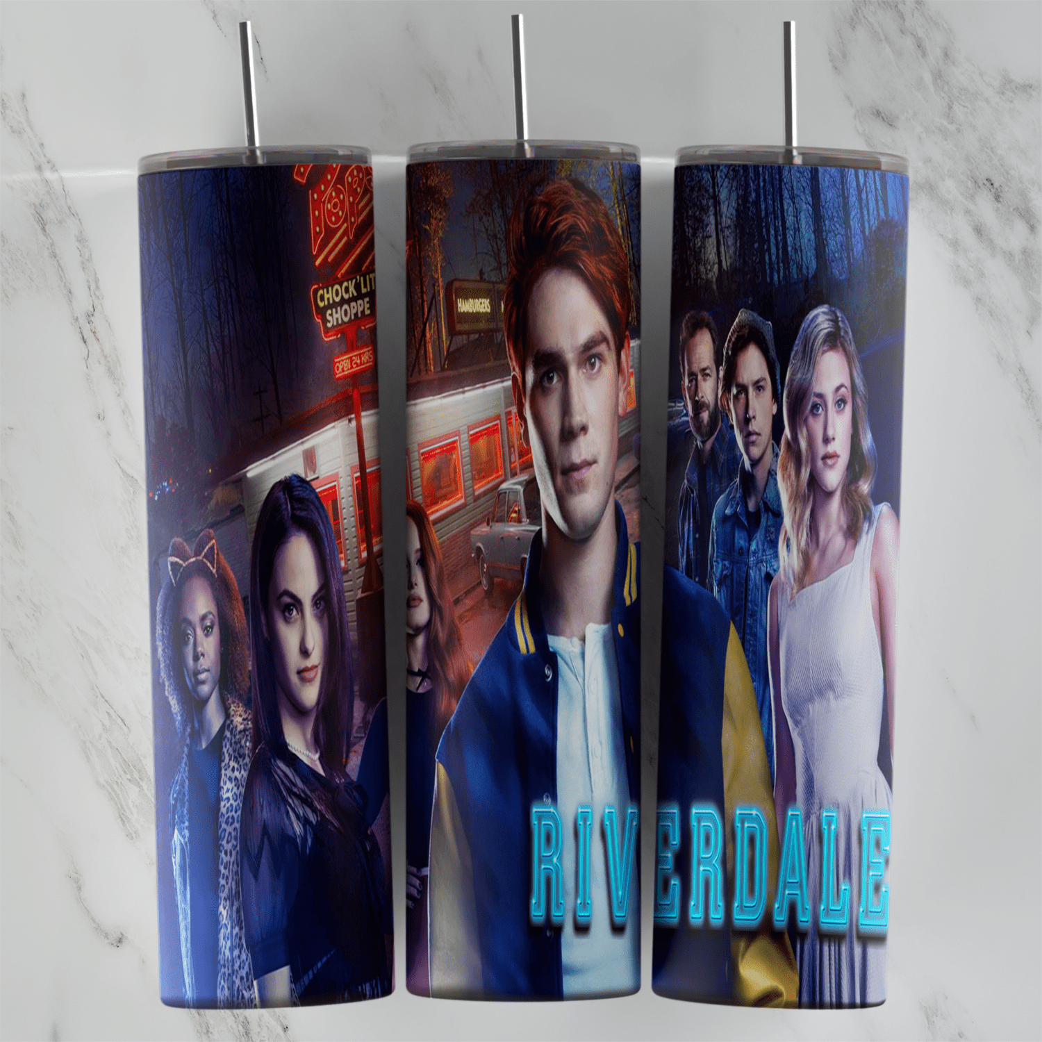 A full 20 oz skinny tumbler wrap with the Riverdale TV cast posed in front of Pop’s diner at night, with the Riverdale title. Sublimation design