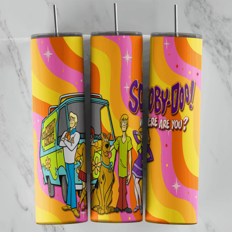 A 20 oz skinny tumbler wrap with the Mystery Machine, Fred, Velma, Shaggy, Daphne and Scooby-Doo over retro rainbow waves. Sublimation design