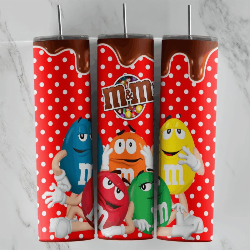 A red polka dot M and M tumbler wrap with a melted chocolate drip along the top, the M and M logo and the blue, orange, red. Sublimation design