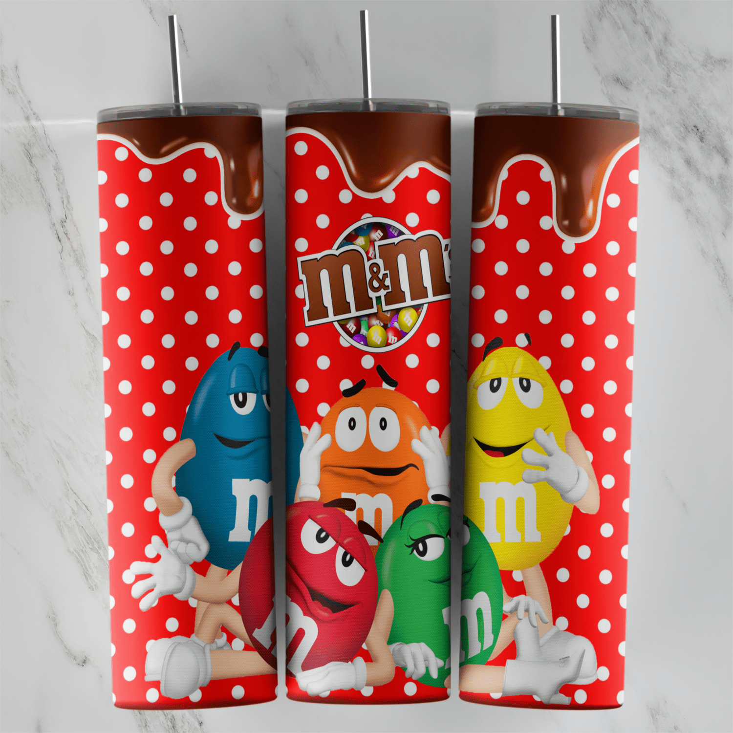 A red polka dot M and M tumbler wrap with a melted chocolate drip along the top, the M and M logo and the blue, orange, red. Sublimation design