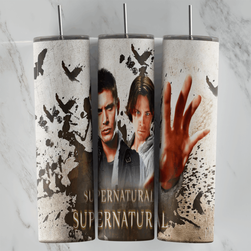 A full 20 oz skinny tumbler wrap for Supernatural fans: portraits of the Winchester brothers, a bloody handprint, flying crows. Sublimation design