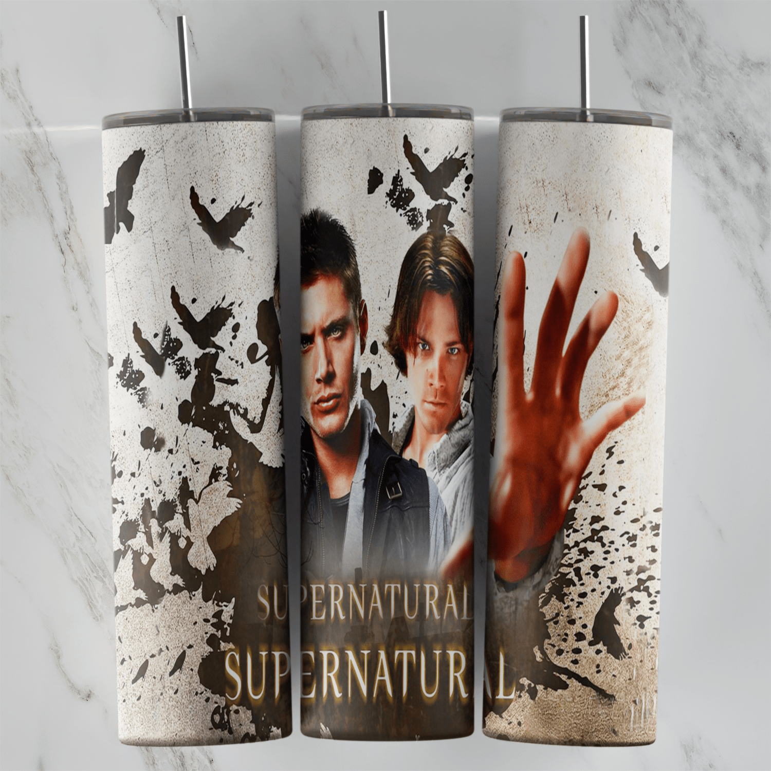 A full 20 oz skinny tumbler wrap for Supernatural fans: portraits of the Winchester brothers, a bloody handprint, flying crows. Sublimation design