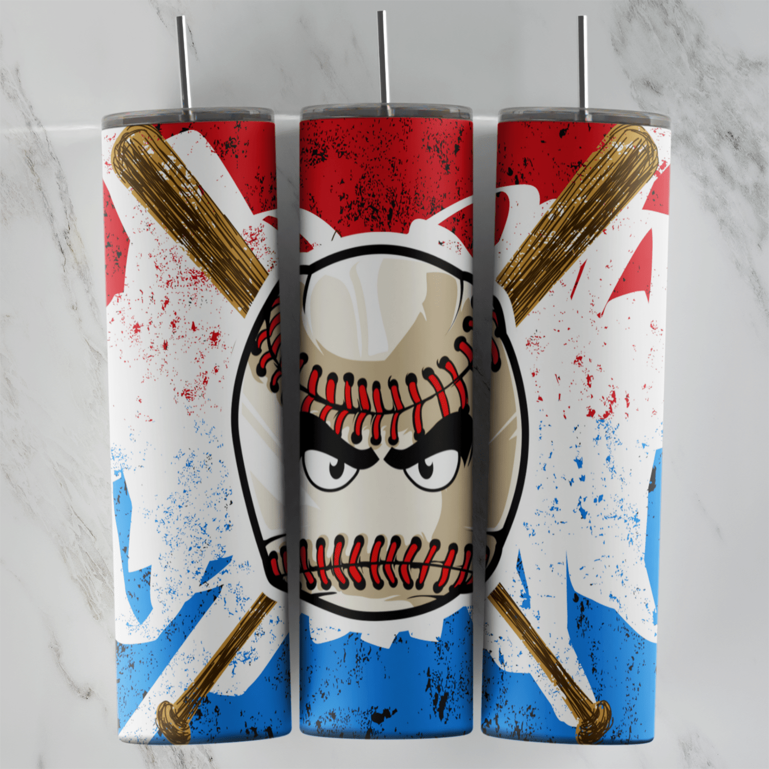 A 20 oz skinny tumbler wrap with an angry faced baseball over two crossed wooden bats, on a distressed red, white and blue paint. Sublimation design