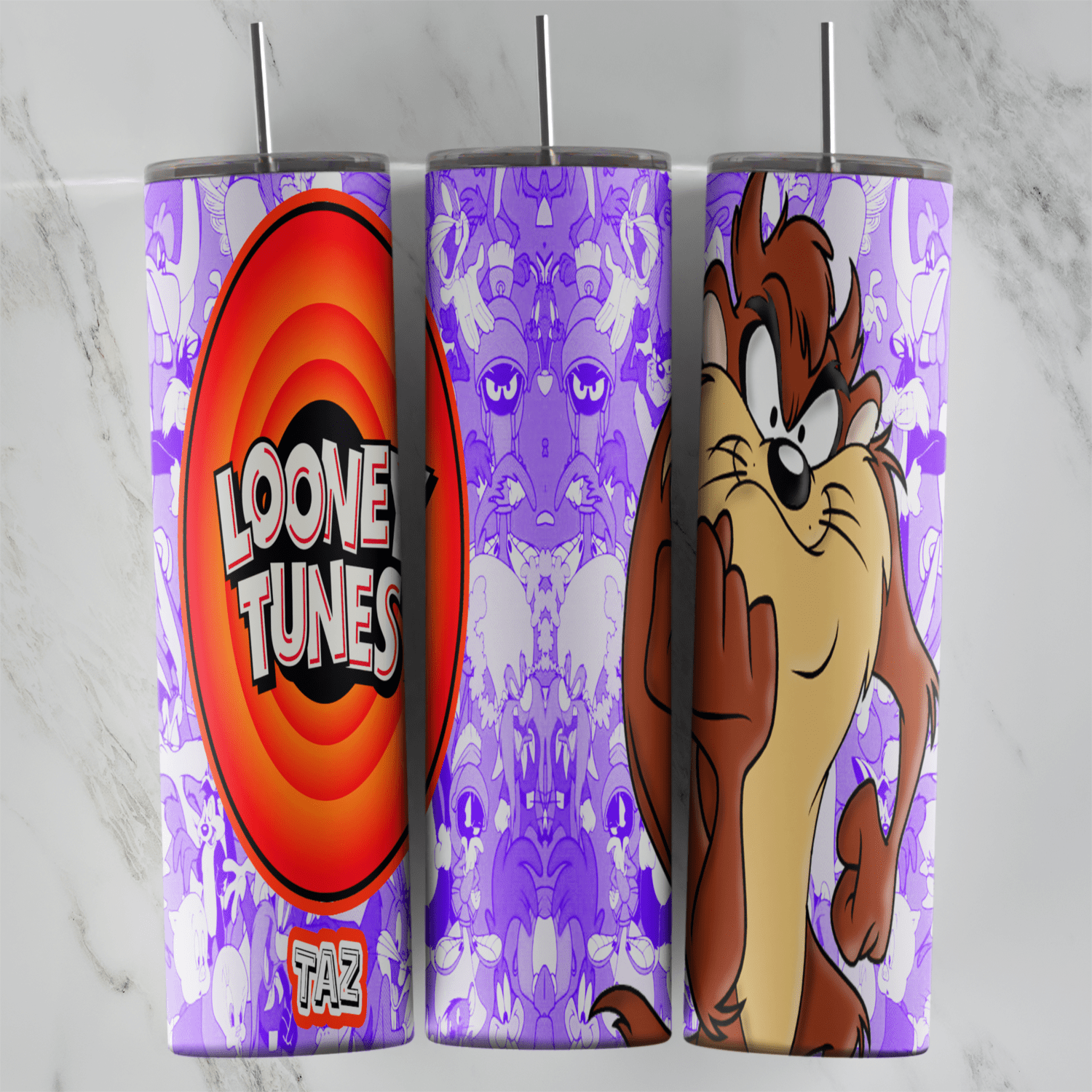 A 20 oz skinny tumbler wrap in purple with the Tasmanian Devil, the Looney Tunes logo, a faded character pattern and Taz lettering. Sublimation design