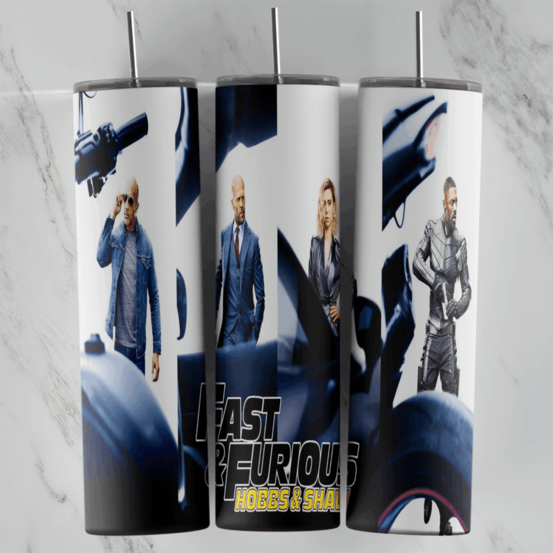 A white and navy Fast and Furious Hobbs and Shaw tumbler wrap: the main characters standing over a motorcycle and car shapes. Sublimation design