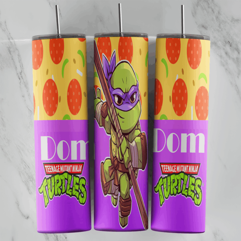 A 20 oz skinny tumbler wrap with a chibi Donatello holding his bo staff, Dom lettering and the Teenage Mutant Ninja Turtles logo. Sublimation design