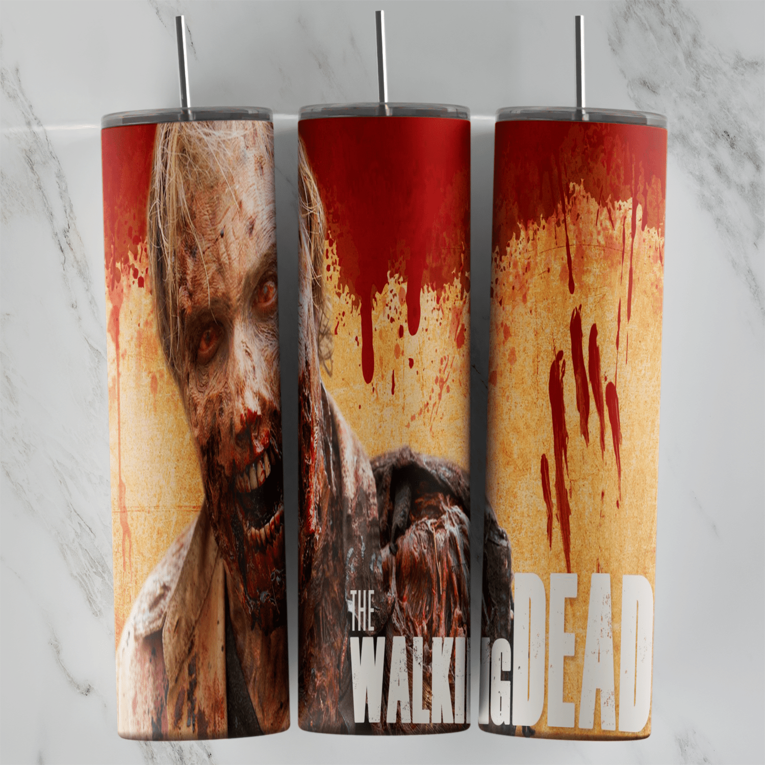 A The Walking Dead tumbler wrap with a rotting zombie walker, heavy red blood splatter and a bloody handprint on a yellowed. Sublimation design