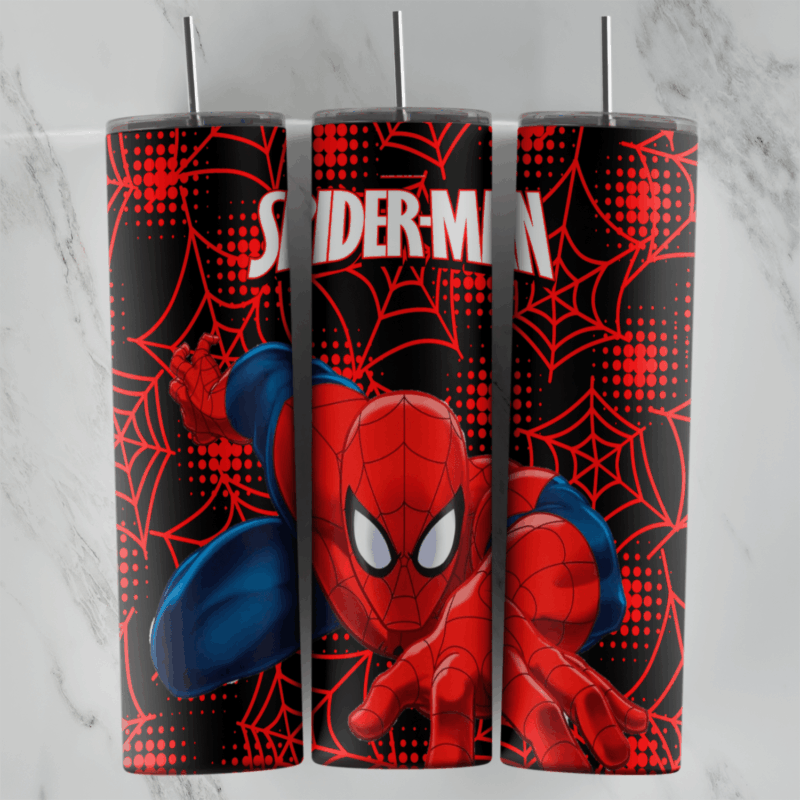 A 20 oz skinny tumbler wrap in black with red spider webs and halftone dots, Spider-Man crouching in his red suit. Sublimation design