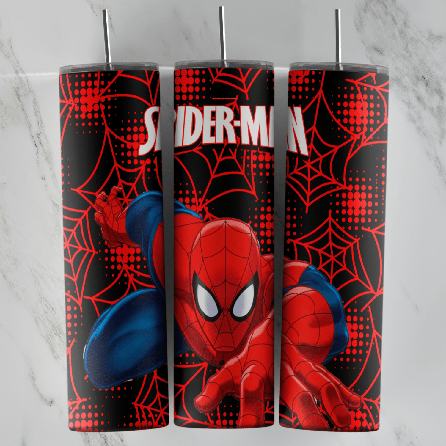 A 20 oz skinny tumbler wrap in black with red spider webs and halftone dots, Spider-Man crouching in his red suit. Sublimation design