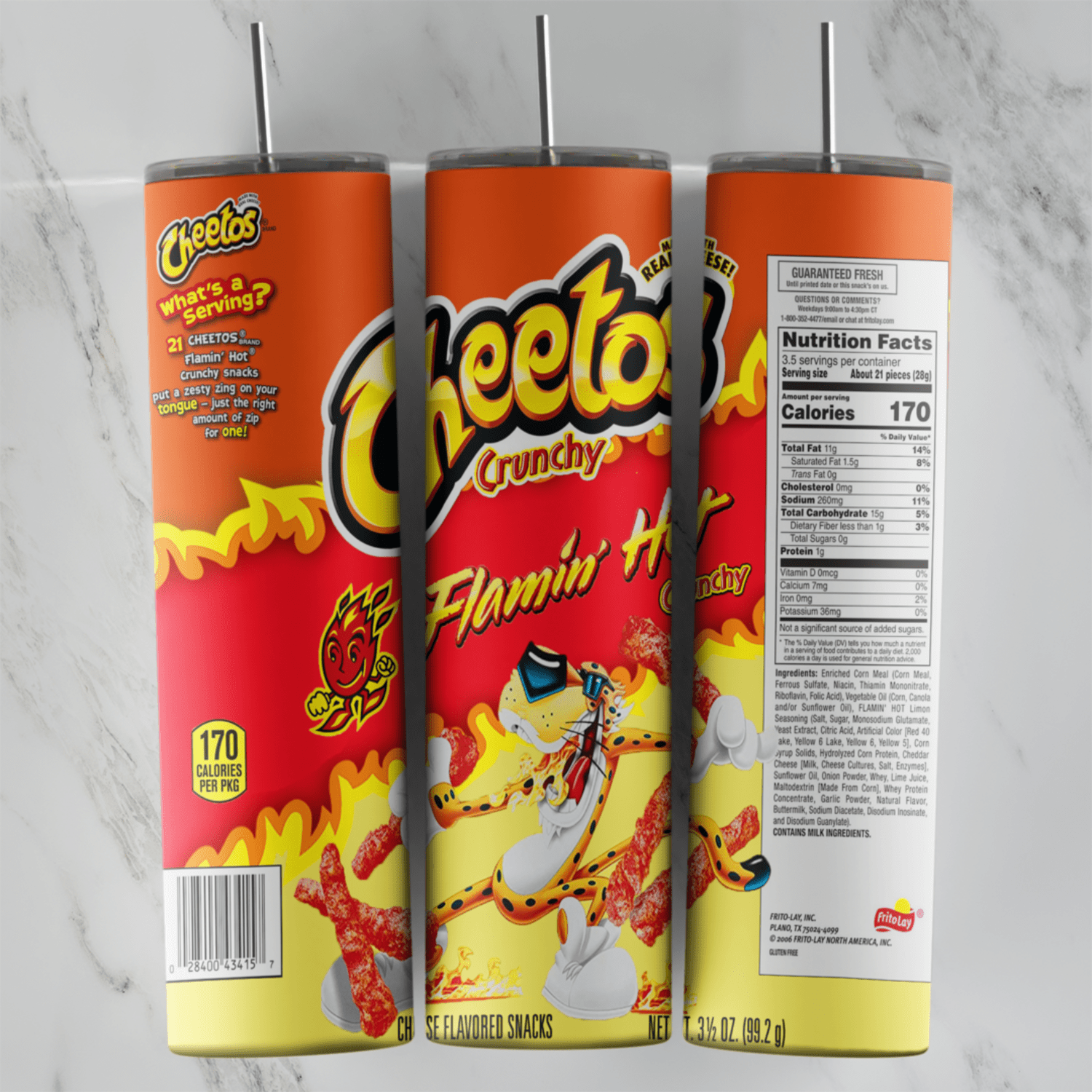 A 20 oz skinny tumbler wrap styled as a red and yellow bag of Cheetos Crunchy Flamin’ Hot, with Chester Cheetah, red hot puffs. Sublimation design