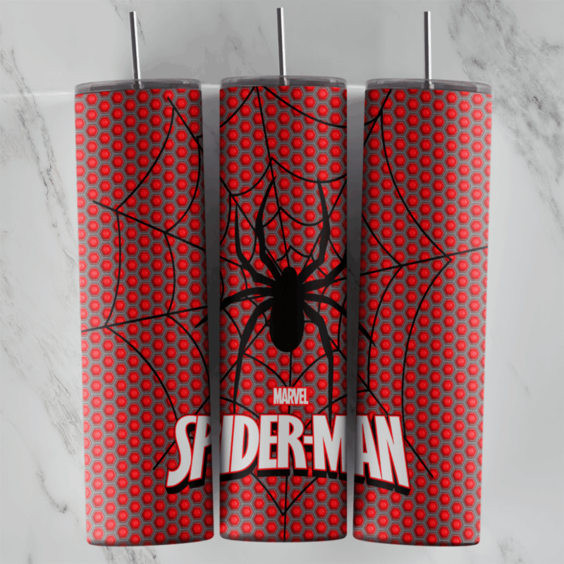 A 20 oz skinny tumbler wrap with a red dotted suit texture, a large black spider web, a black spider hanging in the center. Sublimation design