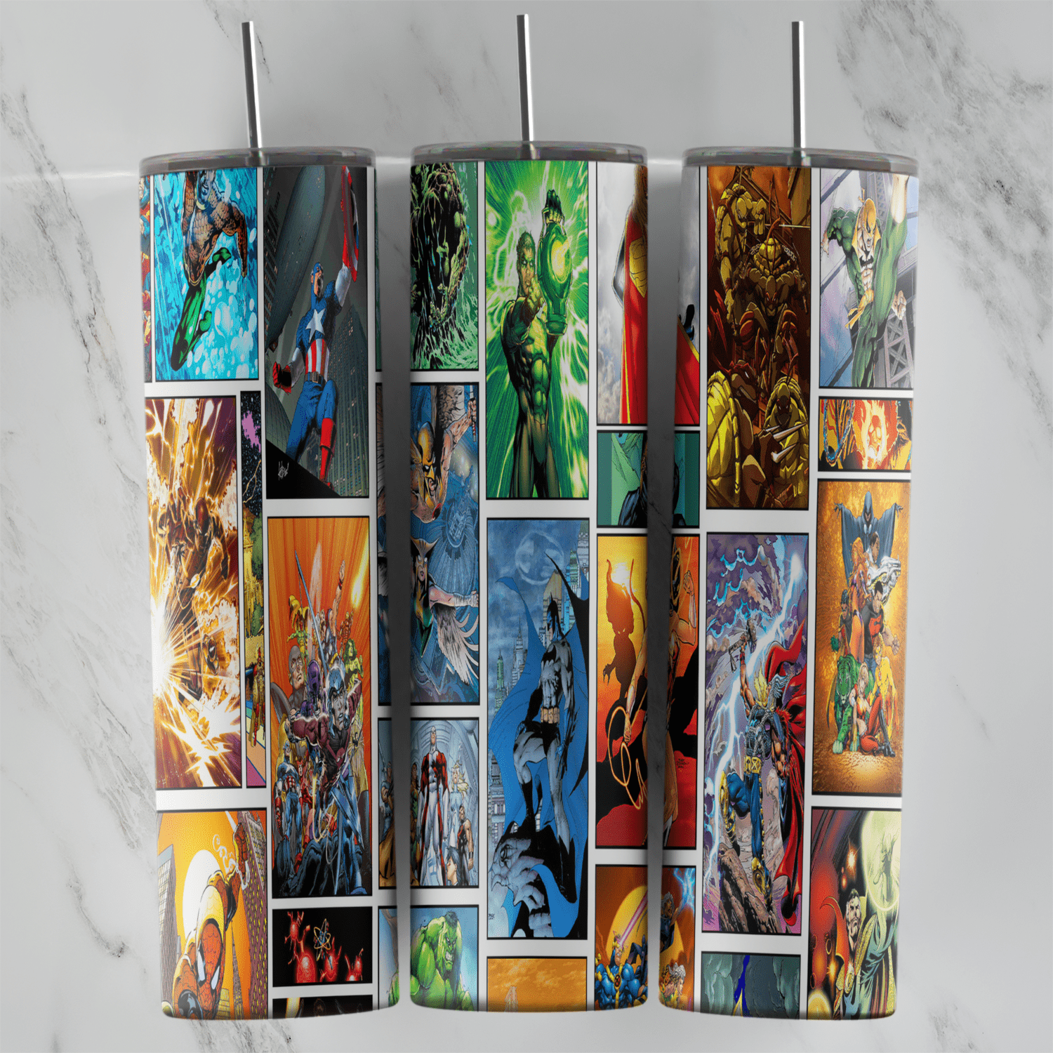 A tumbler wrap made of a tight grid of colorful comic book panels showing superheroes in action from classic comic art. Sublimation design