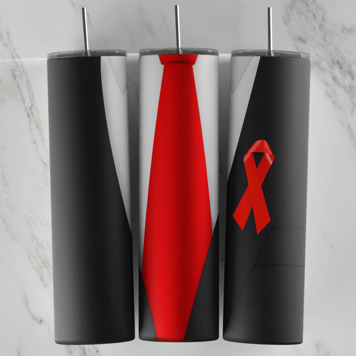 A suit tumbler wrap with a black jacket, a white shirt, a bright red tie and a red awareness ribbon pinned on the lapel. Sublimation design