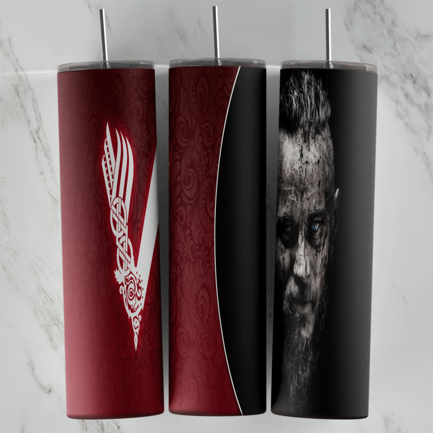 A 20 oz skinny tumbler wrap with the white Vikings V logo on dark red and a close up black and white portrait of an intense. Sublimation design