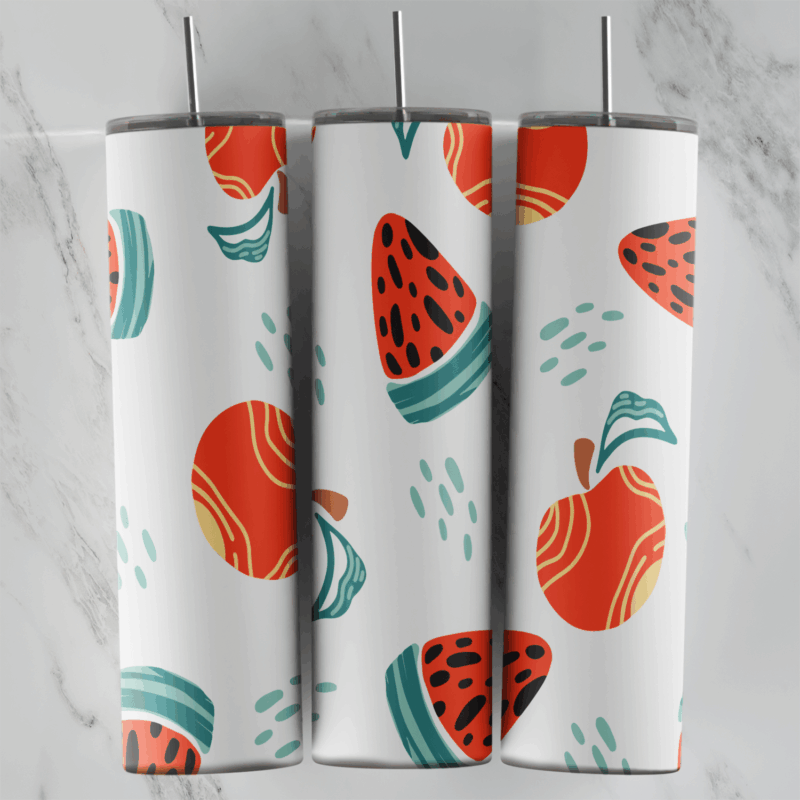 A fruit tumbler wrap with painted red apples, watermelon slices and small teal leaves and dots on a white background. Sublimation design